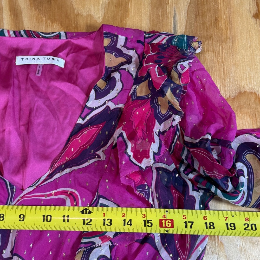 Trina Turk Pink Floral Silk Saka Dress Metallic Ruffle Mini Long Sleeve Size L - Picture 5 of 7